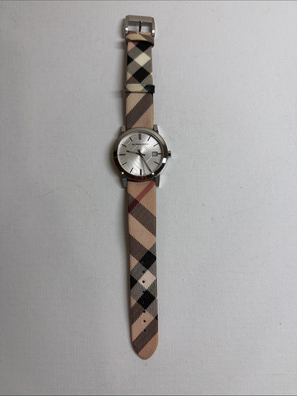 Burberry Beige, Blush and Black Check Strap Silver Dial Watch